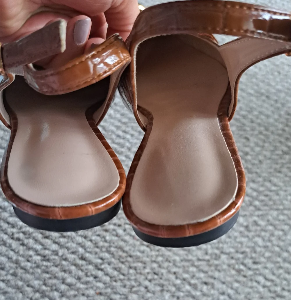 Faux Crocodile Embossed Brown Slingback Heels with Gold Chain
